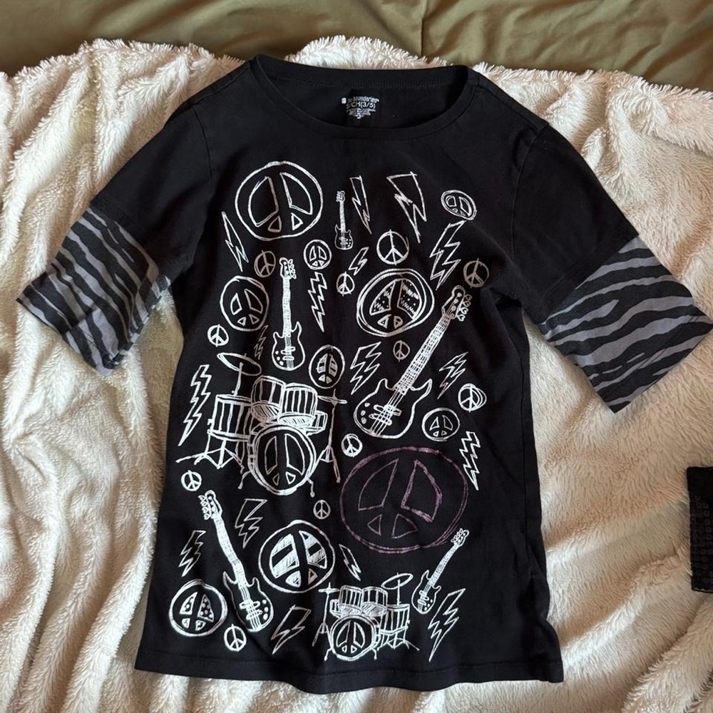 Women’s Black Graphic Rock Tee with Striped Grey Sleeves